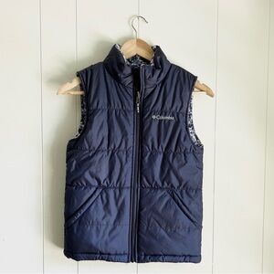 Columbia Girls Fleece Reversible Purple Navy Outdoor Camping Zip Vest Sz…